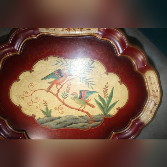 19th Century Scalloped Paper Mache Hand Painted Tray Bamboo Tea Table - Picture 9 of 16